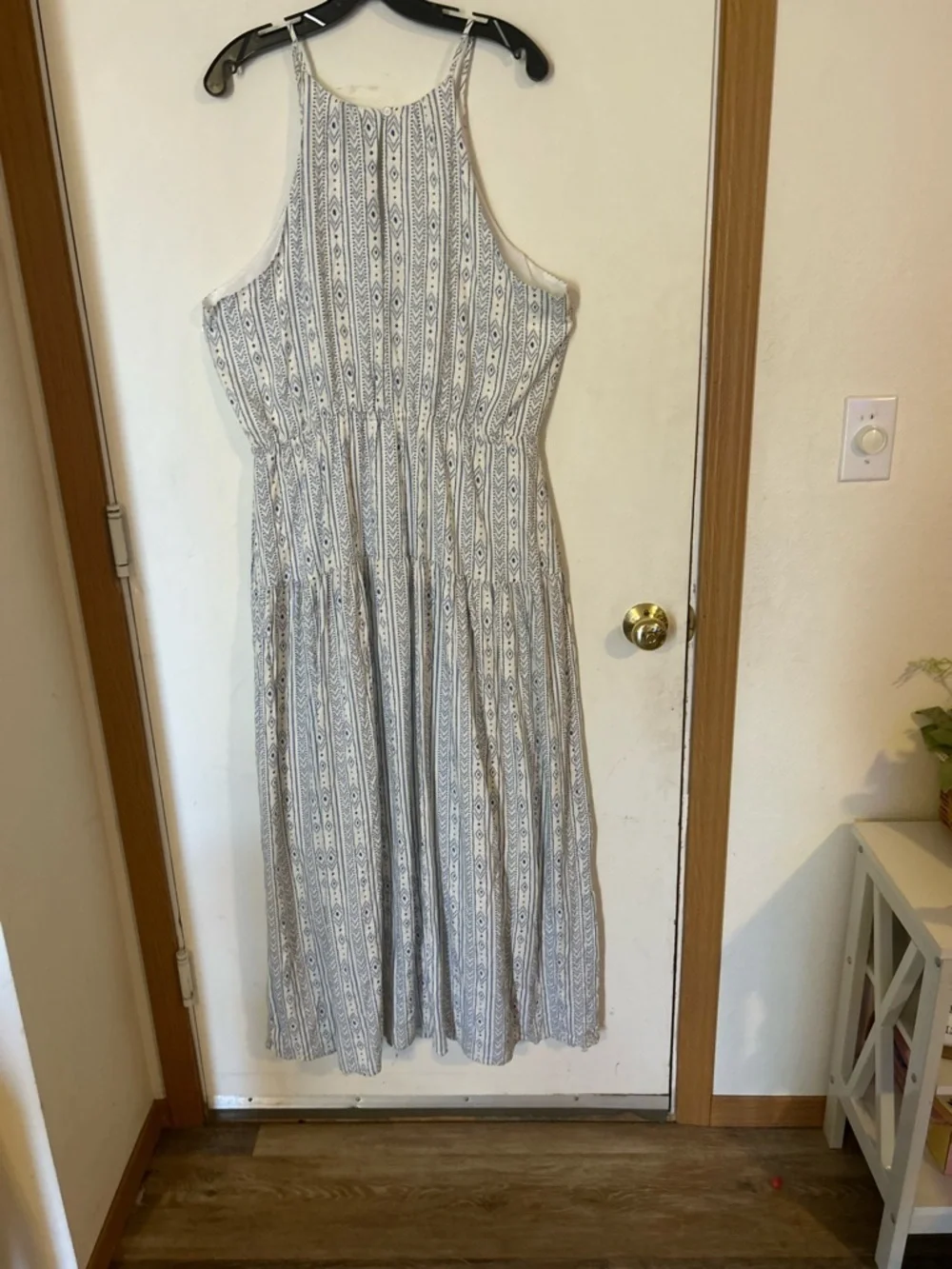 Threadgrit Lynette Blue & White High Neck Southwestern Print Maxi Dress Large